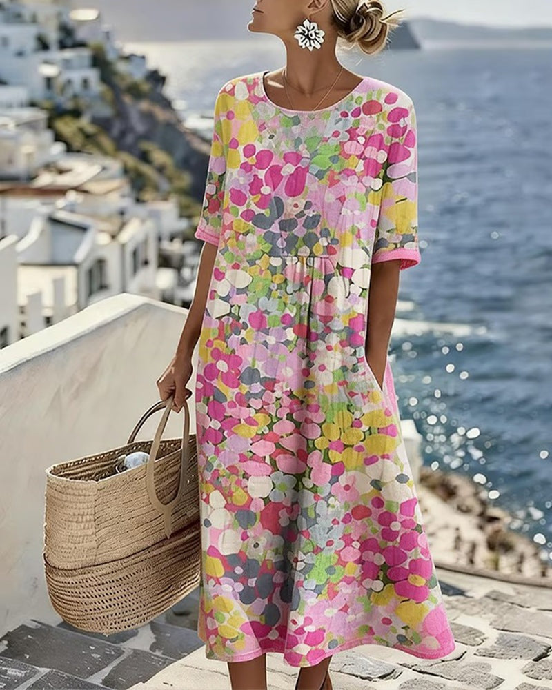 Vestido Midi Floral | Verão Solto Mulher Manga Curta