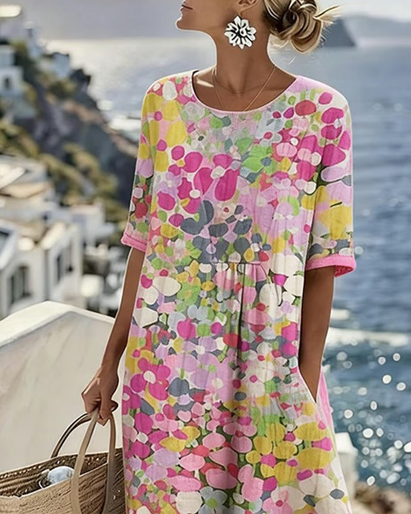 Vestido Midi Floral | Verão Solto Mulher Manga Curta