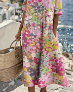 Vestido Midi Floral | Verão Solto Mulher Manga Curta