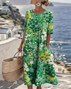Vestido Midi Floral | Verão Solto Mulher Manga Curta