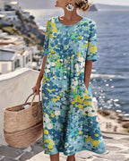 Vestido Midi Floral | Verão Solto Mulher Manga Curta