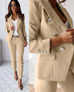 Pearl | Mulher Fato Blazer Duplo Abotoamento Calças Perna Larga