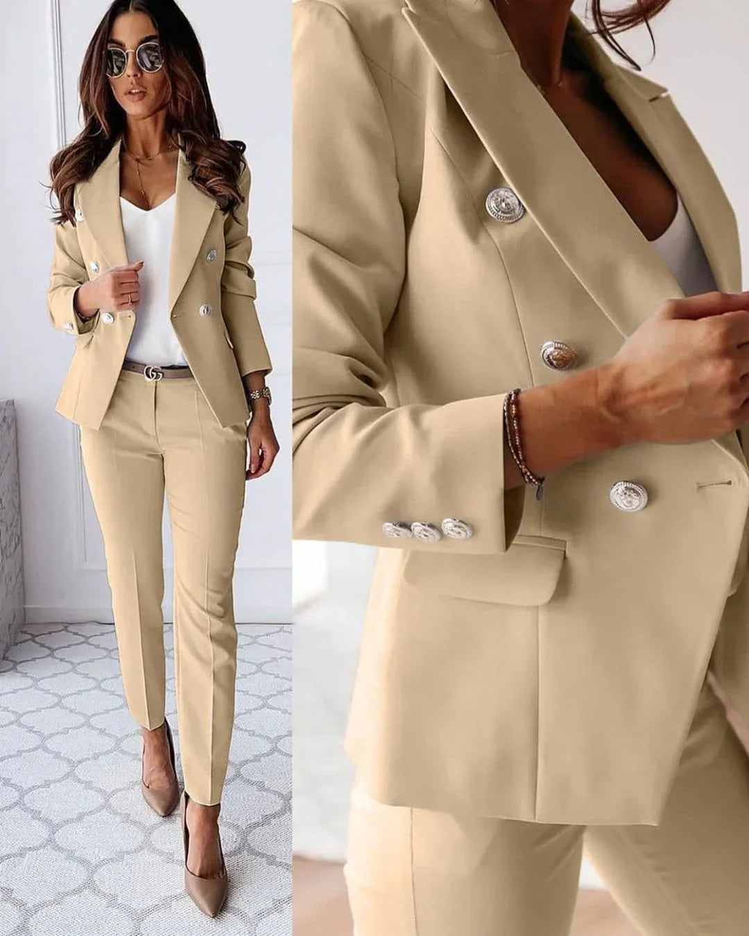 Pearl | Mulher Fato Blazer Duplo Abotoamento Calças Perna Larga