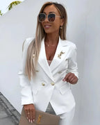 Pearl | Mulher Fato Blazer Duplo Abotoamento Calças Perna Larga