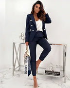 Pearl | Mulher Fato Blazer Duplo Abotoamento Calças Perna Larga