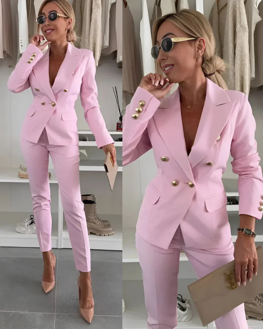 Pearl | Mulher Fato Blazer Duplo Abotoamento Calças Perna Larga