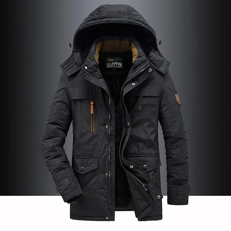 Homens Parka Média Comprimento com Capuz e Fecho de Correr