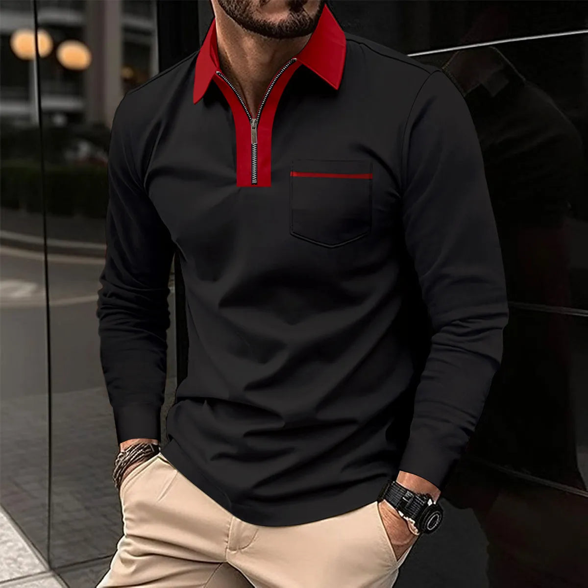 Elsa | Camisa Masculina Manga Longa Gola Contrastante Meia Abertura