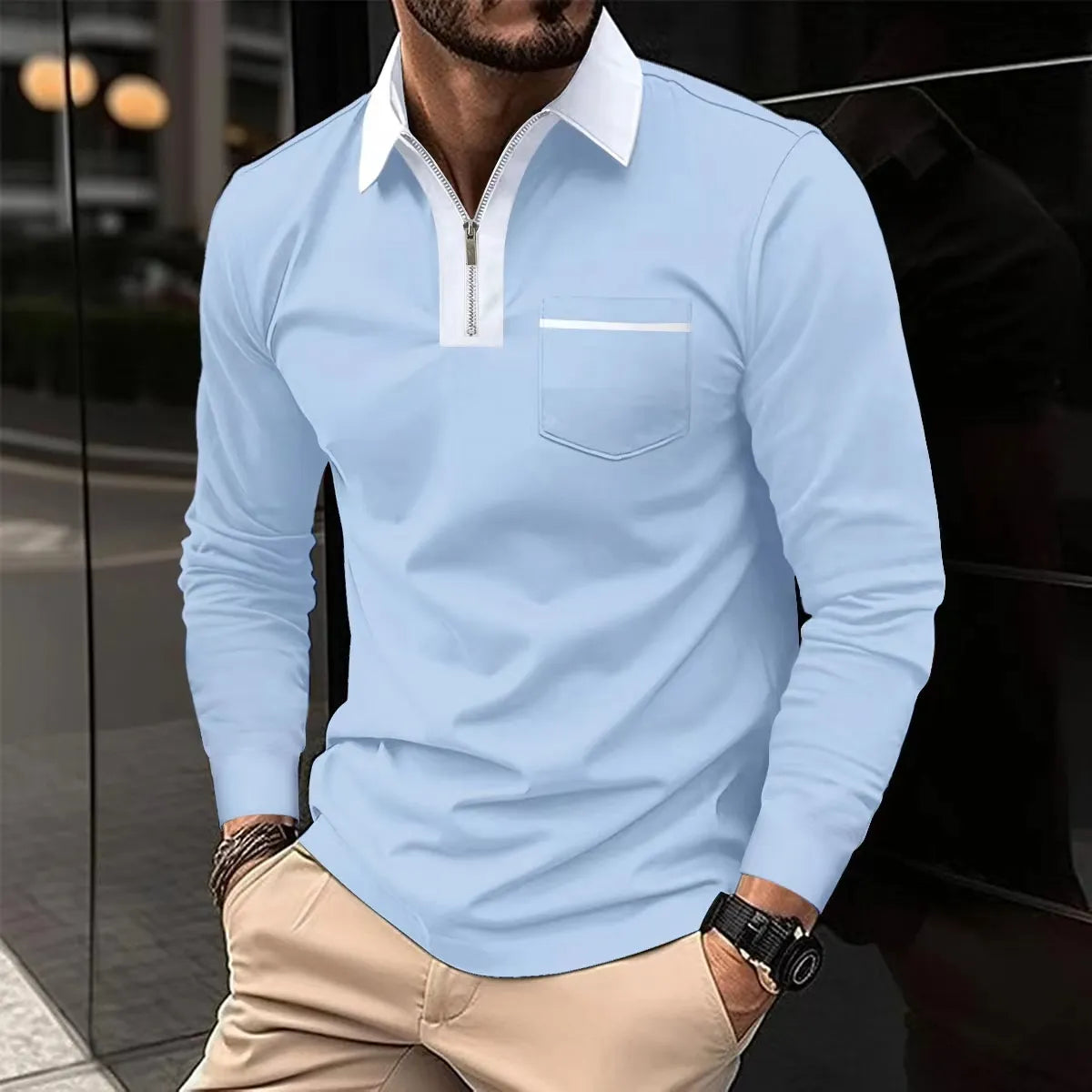 Elsa | Camisa Masculina Manga Longa Gola Contrastante Meia Abertura