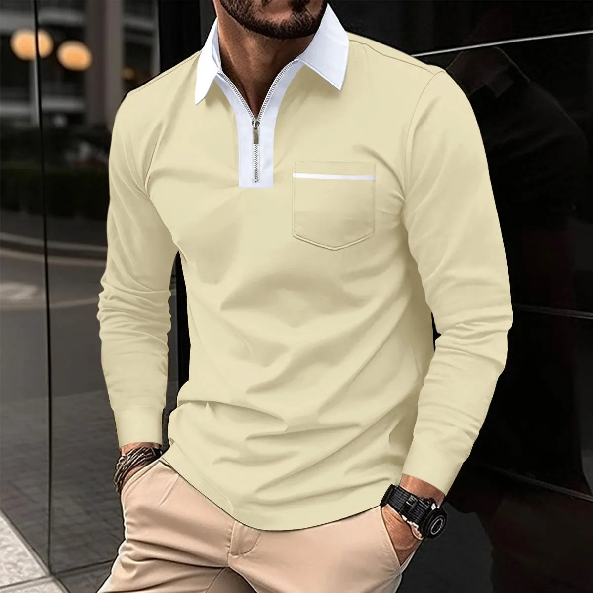 Elsa | Camisa Masculina Manga Longa Gola Contrastante Meia Abertura