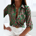 Sage | Blusa Feminina Cetim Estampada Gola Solapa Manga Longa