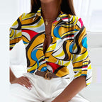 Sage | Blusa Feminina Cetim Estampada Gola Solapa Manga Longa