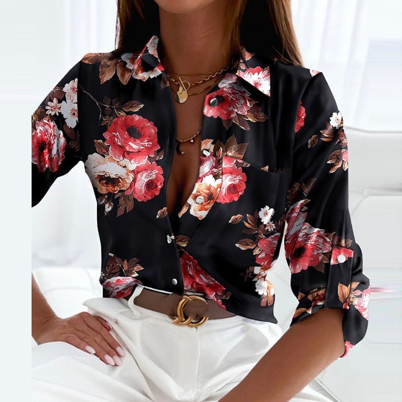 Sage | Blusa Feminina Cetim Estampada Gola Solapa Manga Longa