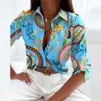 Sage | Blusa Feminina Cetim Estampada Gola Solapa Manga Longa