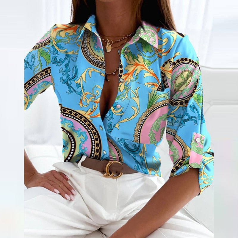 Sage | Blusa Feminina Cetim Estampada Gola Solapa Manga Longa