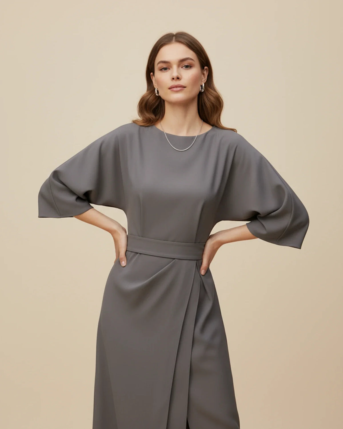 Vestido Midi Feminino Wrap Mangas Bufantes