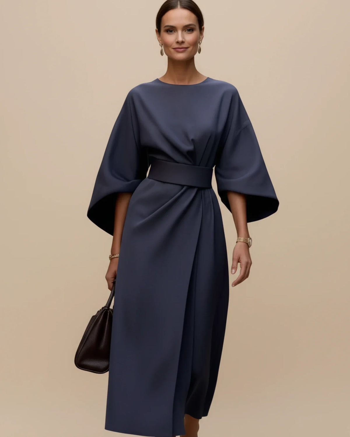 Vestido Midi Feminino Wrap Mangas Bufantes