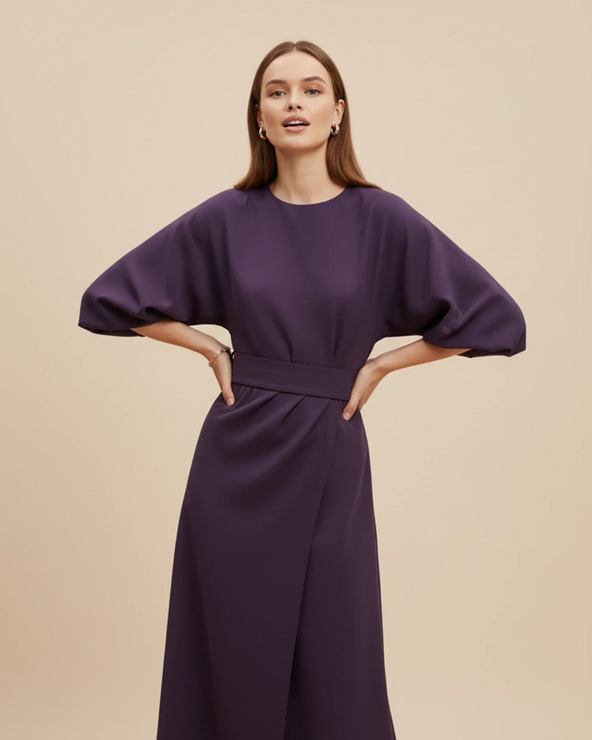 Vestido Midi Feminino Wrap Mangas Bufantes