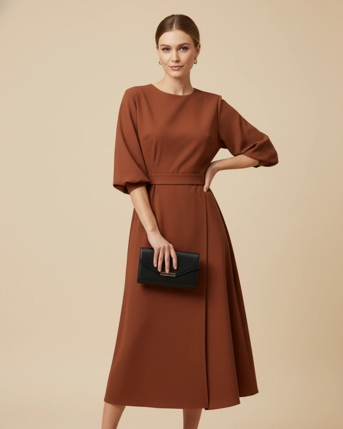 Vestido Midi Feminino Wrap Mangas Bufantes