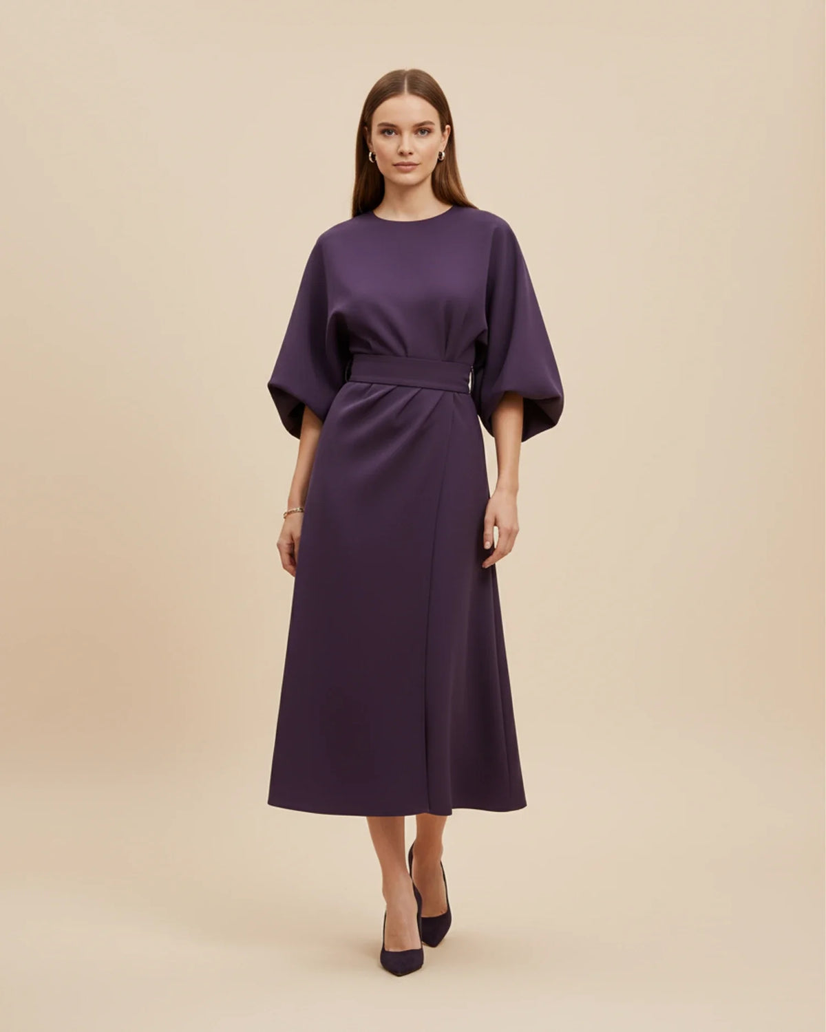 Vestido Midi Feminino Wrap Mangas Bufantes
