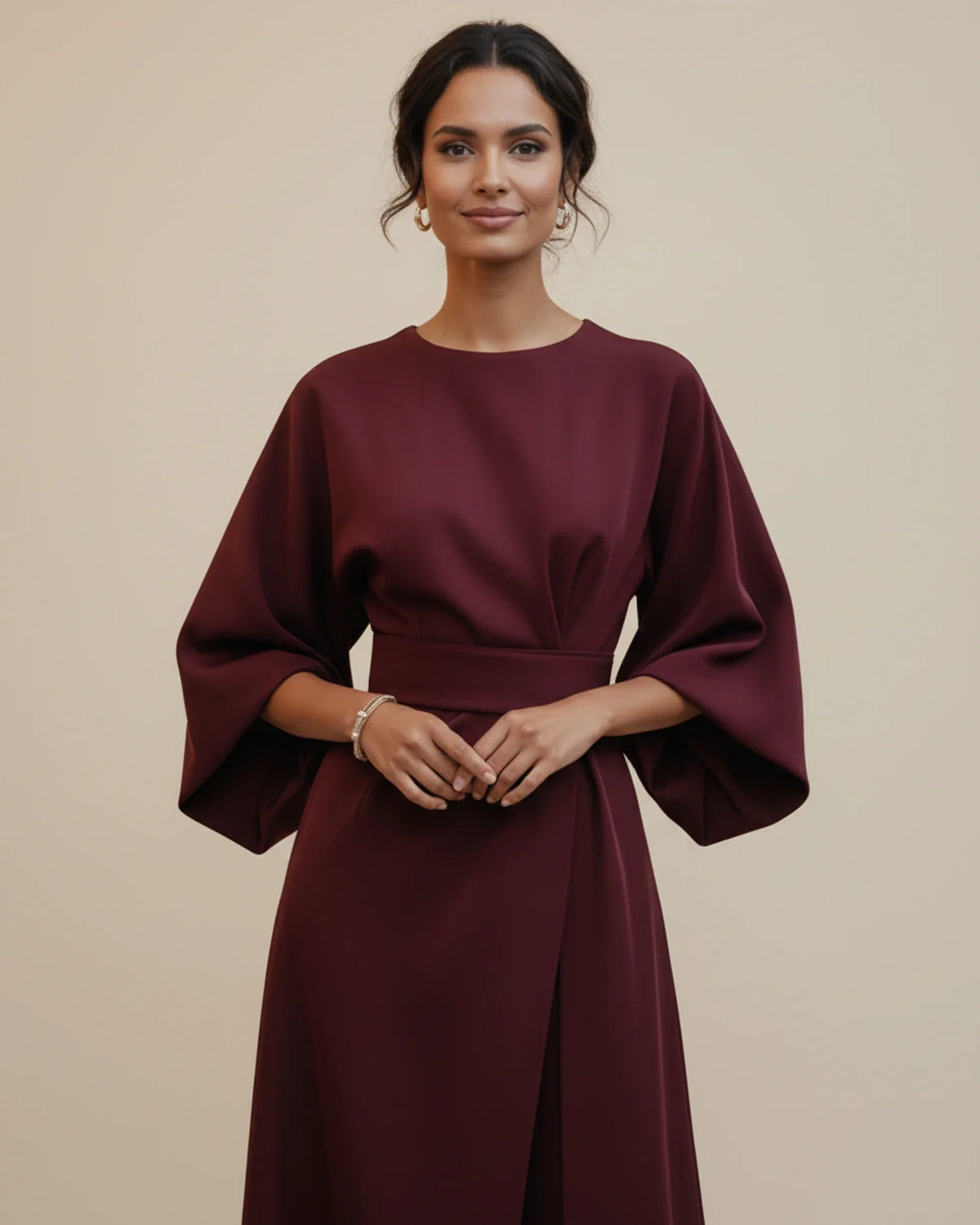 Vestido Midi Feminino Wrap Mangas Bufantes