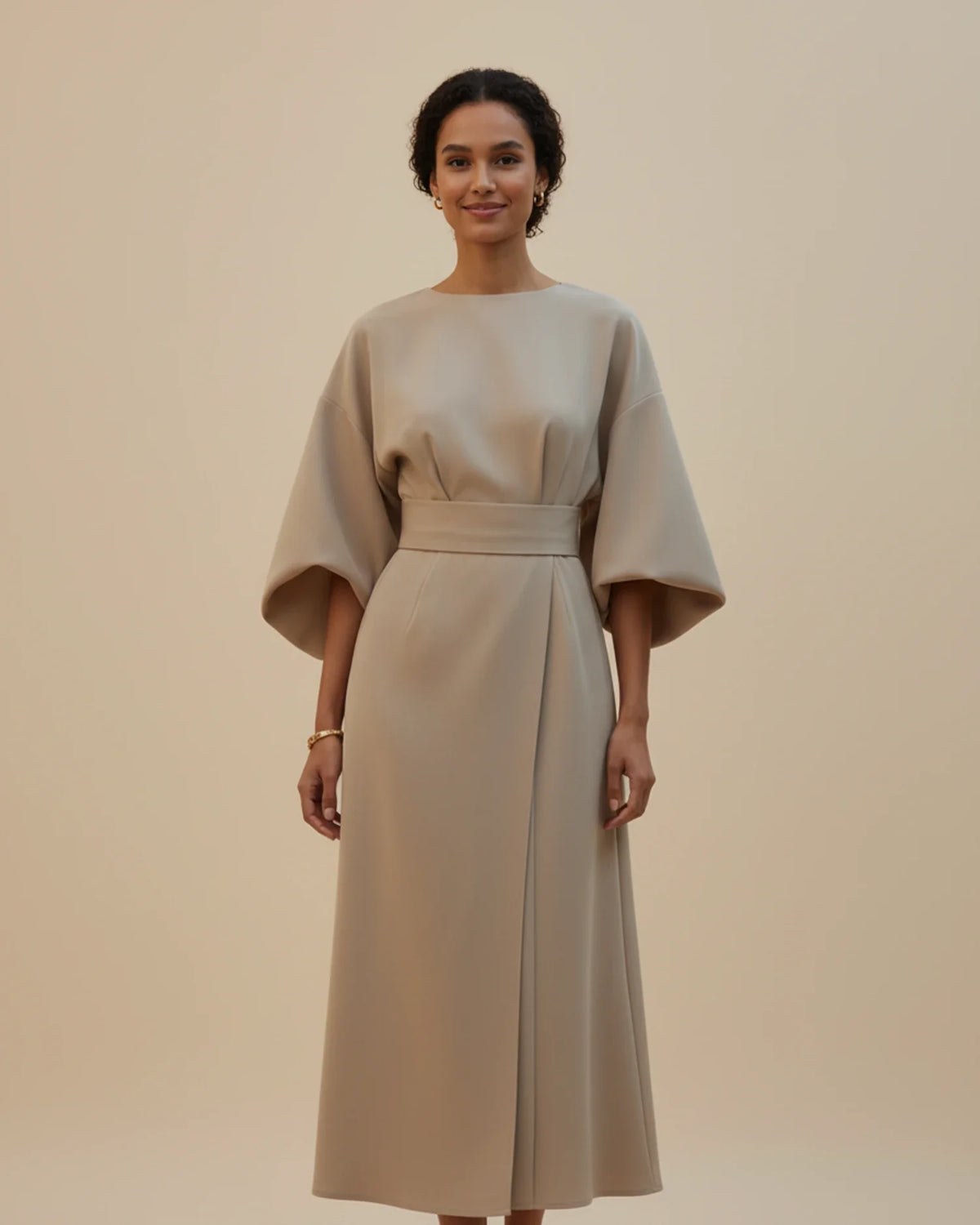 Vestido Midi Feminino Wrap Mangas Bufantes