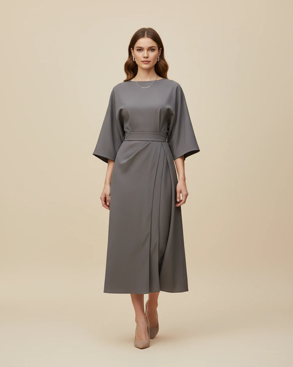 Vestido Midi Feminino Wrap Mangas Bufantes