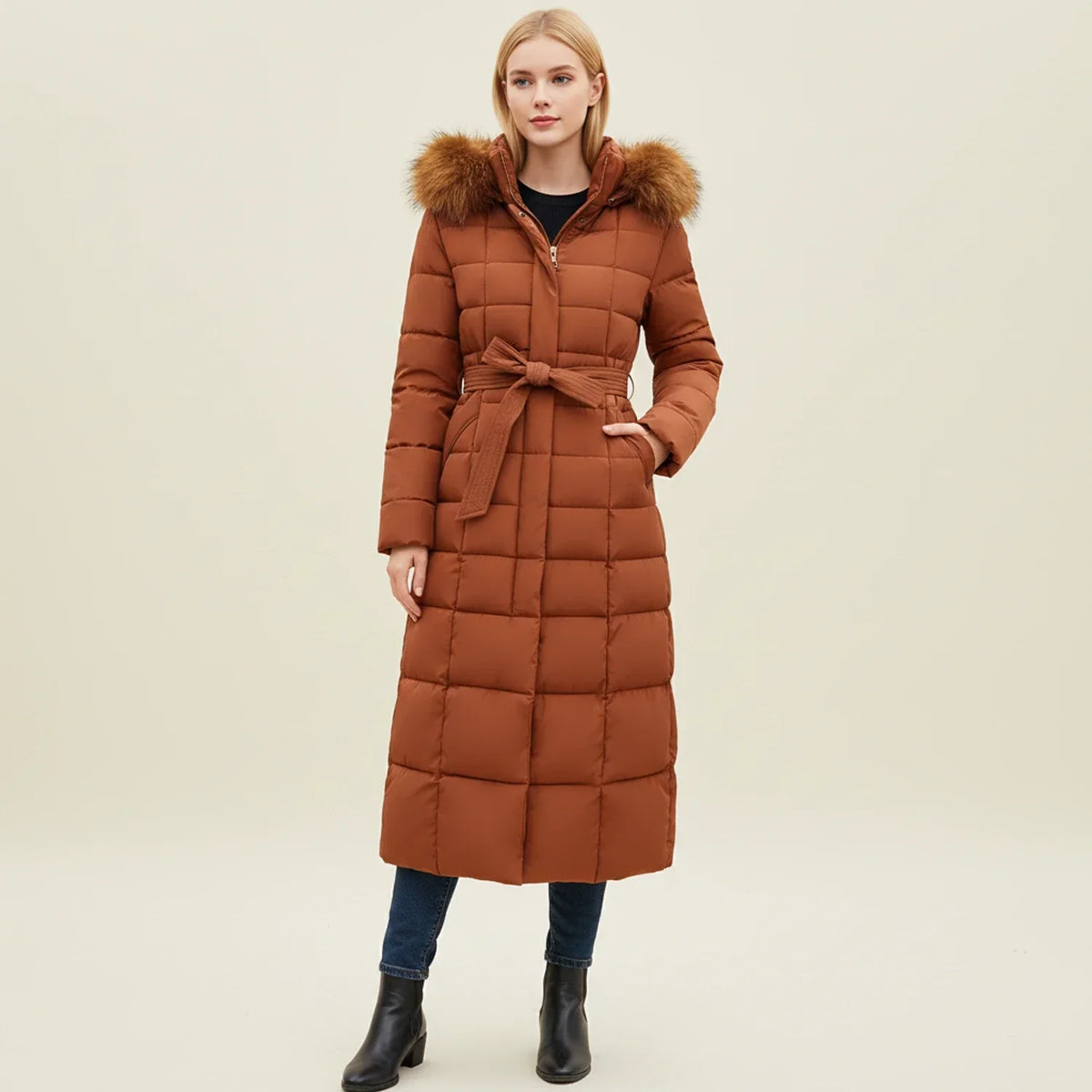 Solveig | Mulher Casaco Puffer Maxi Acolchoado com Capuz e Cinto