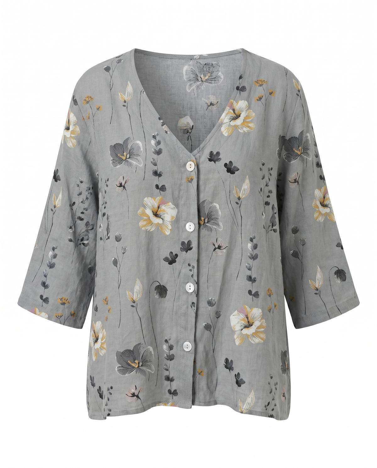 Veda | Blusa Feminina Floral Decote V Manga Três Quartos