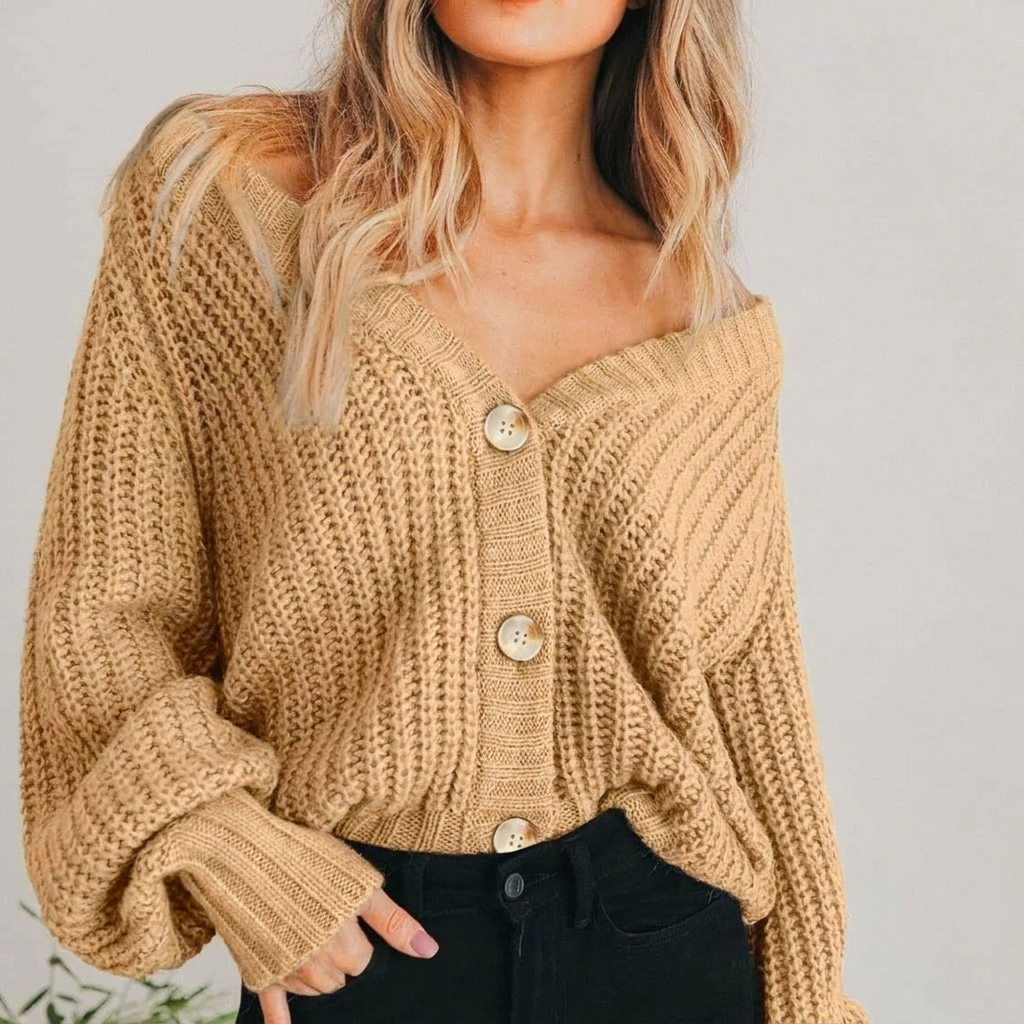 Cora | Cardigan Feminino Tricô Grosso Mangas Balão