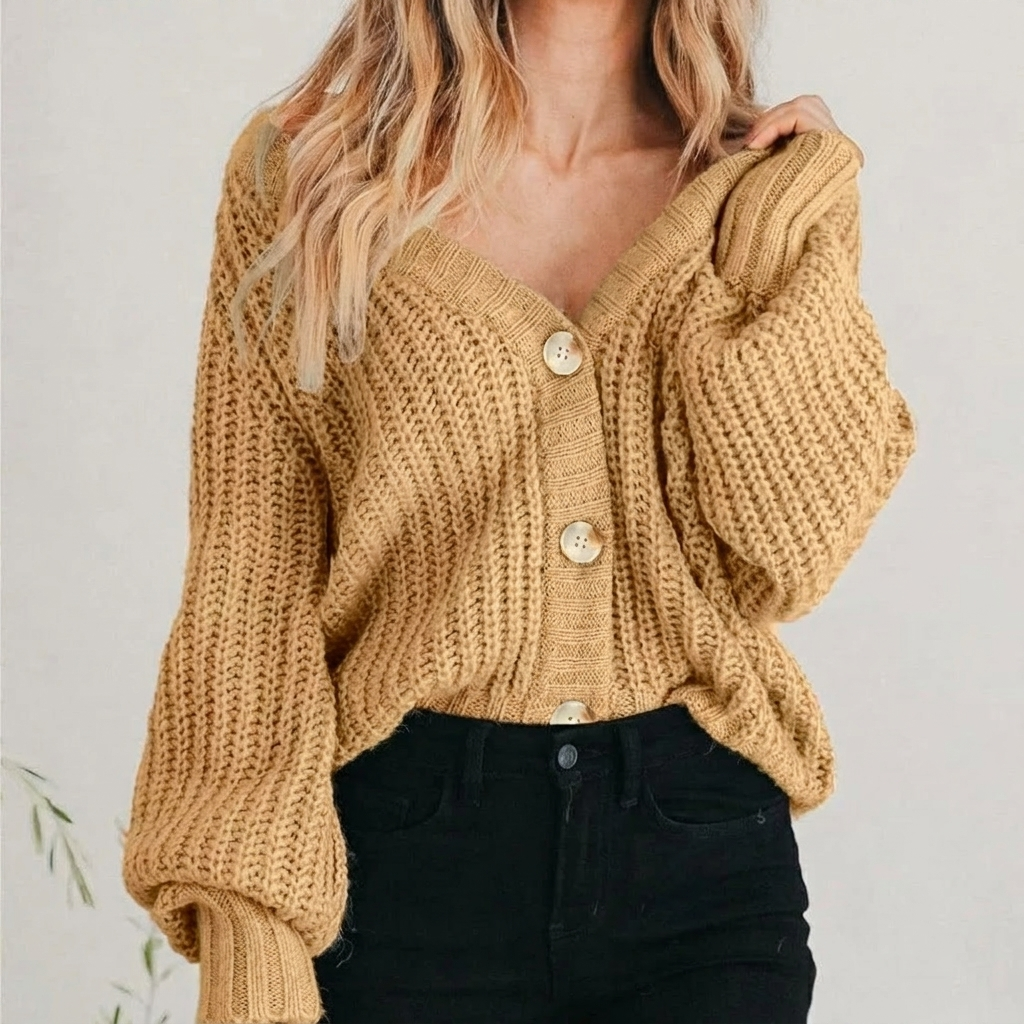 Cora | Cardigan Feminino Tricô Grosso Mangas Balão