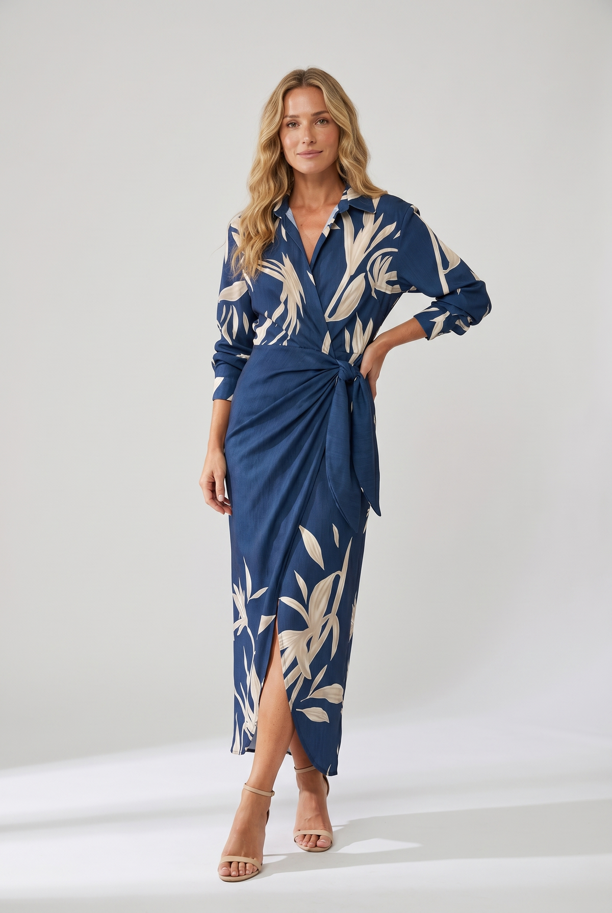 Vestido maxi feminino estampa folhas wrap decote V manga longa