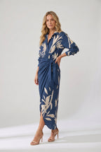 Vestido maxi feminino estampa folhas wrap decote V manga longa
