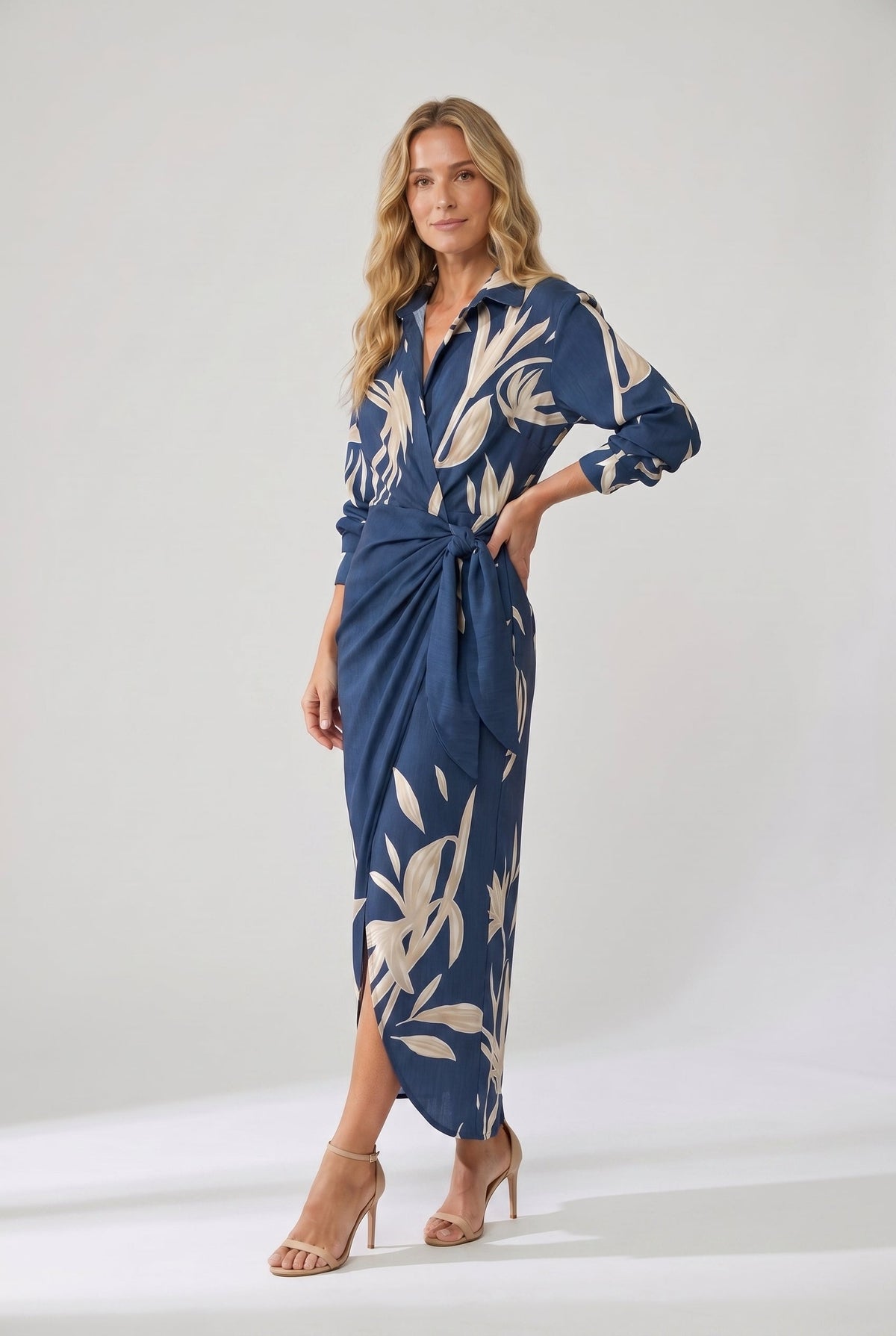 Vestido maxi feminino estampa folhas wrap decote V manga longa