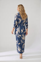 Vestido maxi feminino estampa folhas wrap decote V manga longa