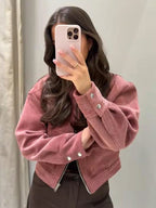Mulher Bomber Jacket Cropped com Fecho Zip