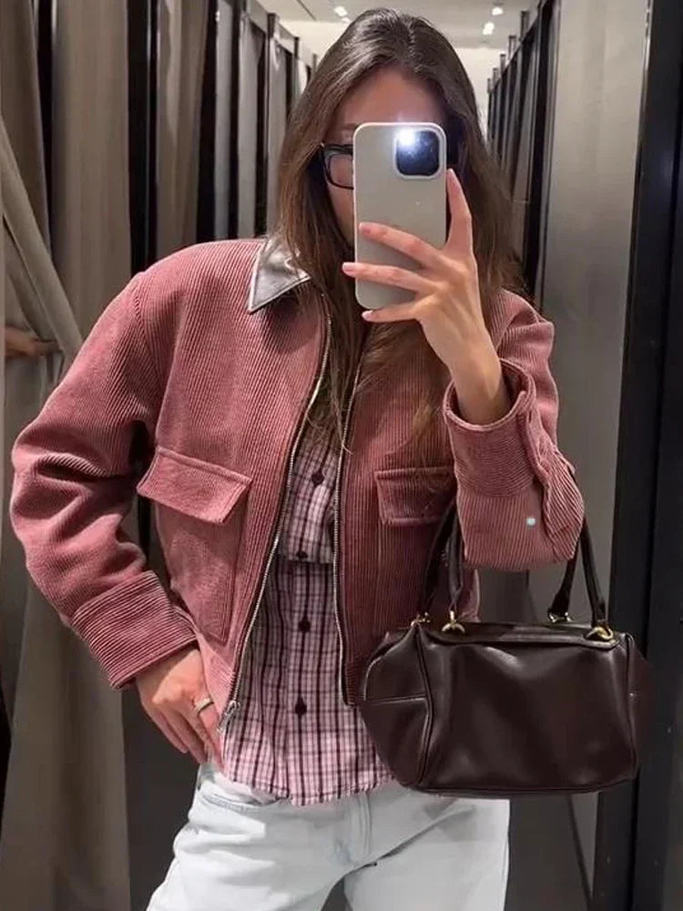 Mulher Bomber Jacket Cropped com Fecho Zip